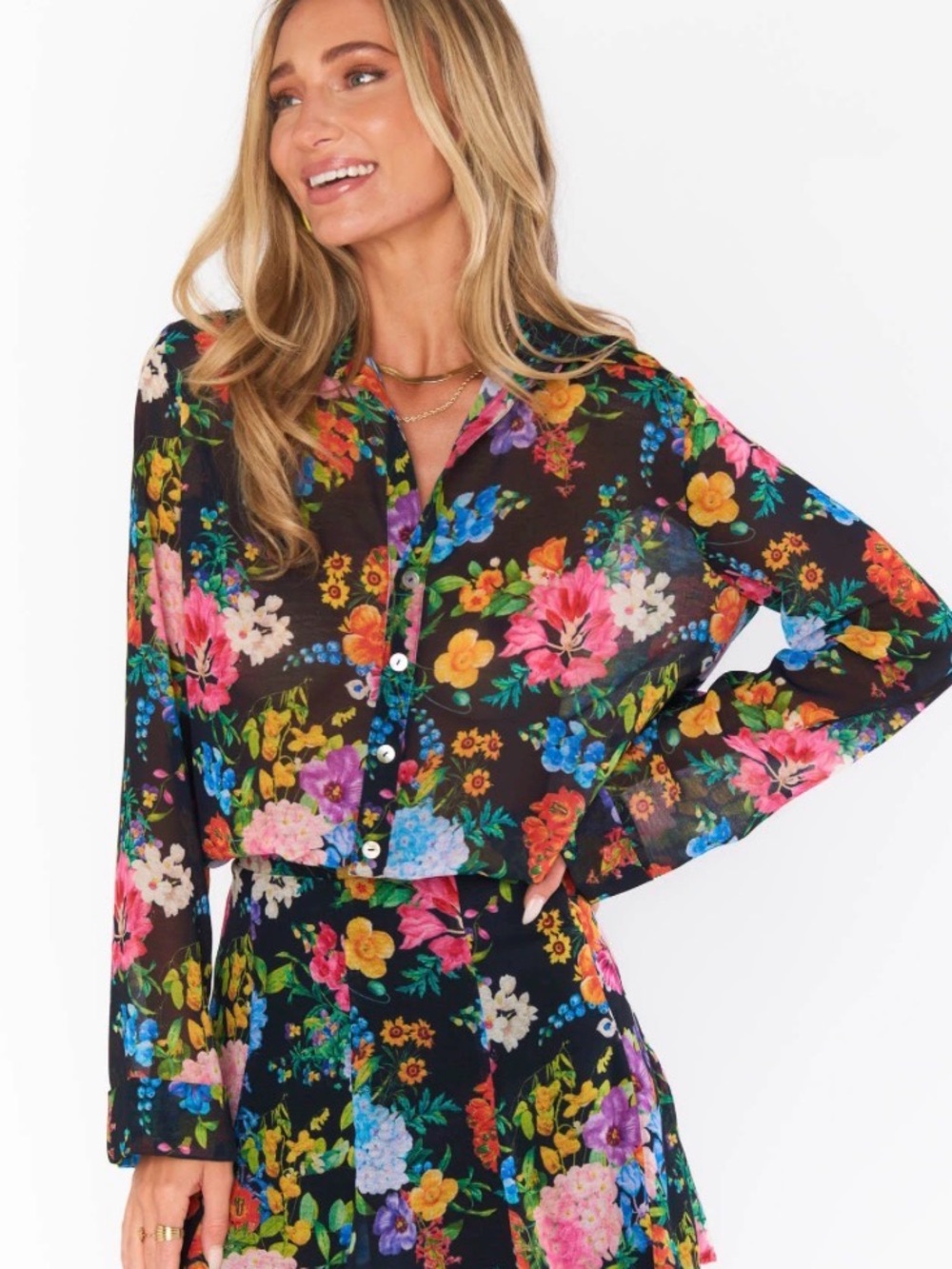 Show Me Your MuMu Black Floral Sheer Button-Down Blouse AND Skirt